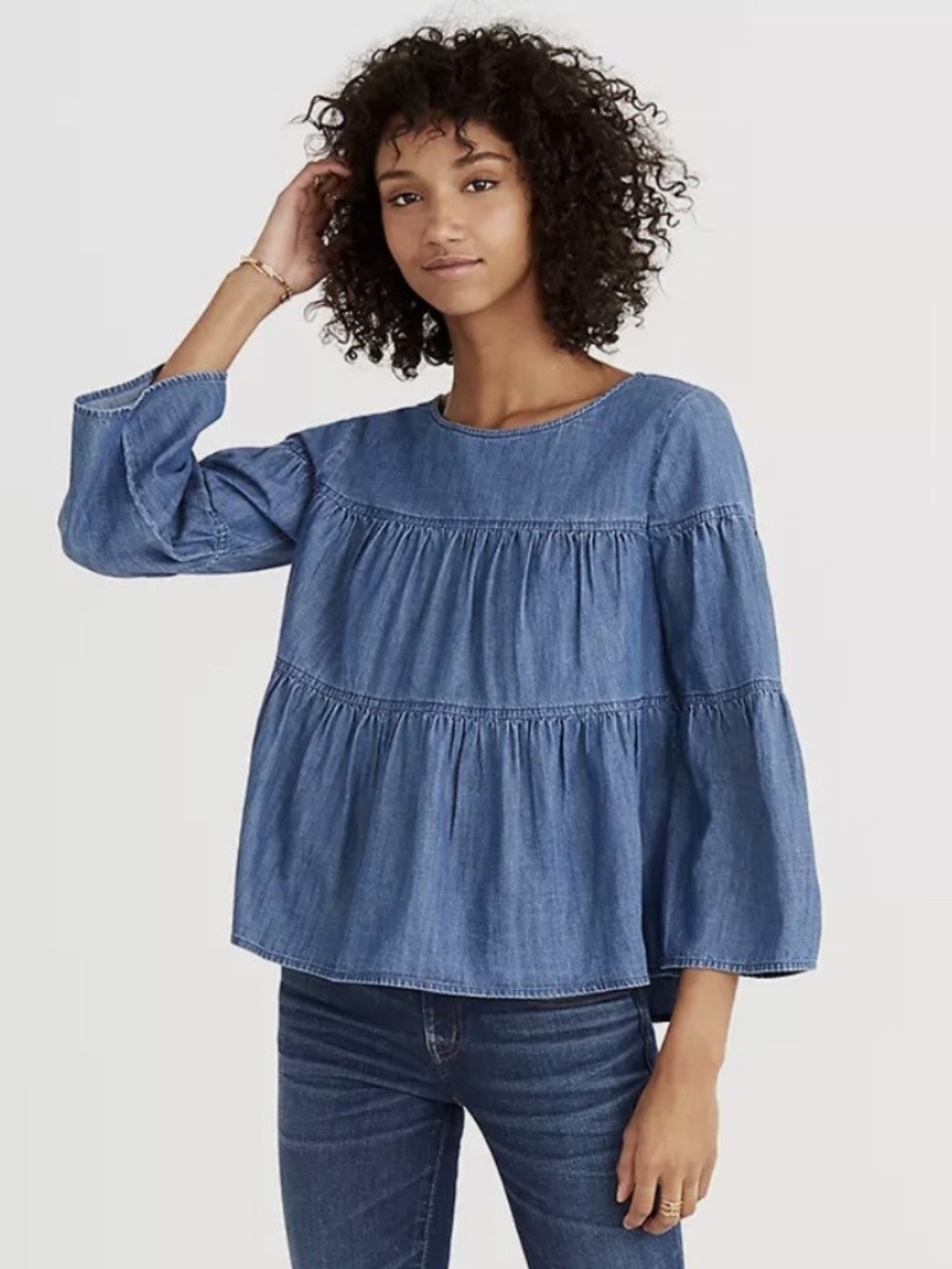 Madewell‎ Denim Tiered Button-Back Top. Size Medium